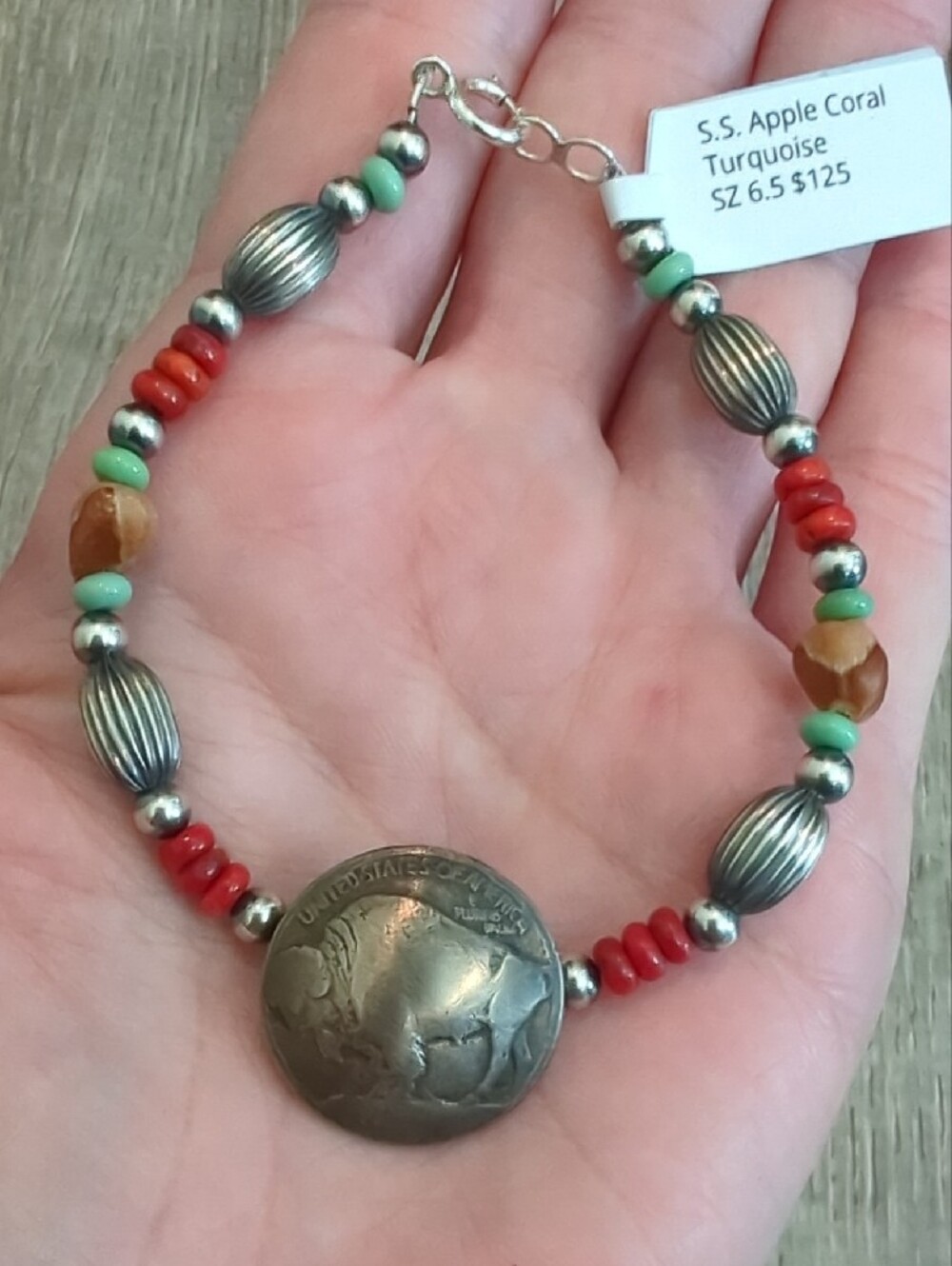Navajo Handmade Buffalo Nickel Sterling Apple Coral Ghost Bead Bracelet - Picture 7 of 11